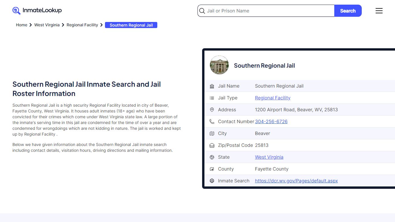 Southern Regional Jail Inmate Search and Jail Roster Information