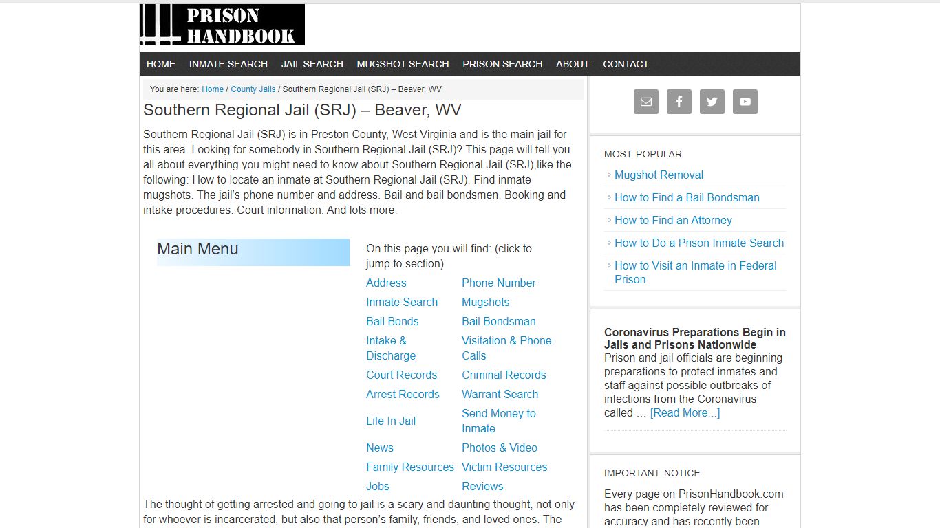 Southern Regional Jail (SRJ) – Beaver, WV - Prison Handbook